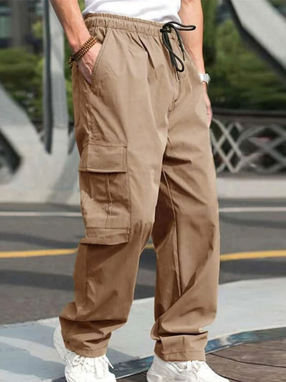2024 Spring/Summer New Men's Fashion Casual Pants Solid Color Drawstring Multi Pocket Sports Running Straight Work Pants