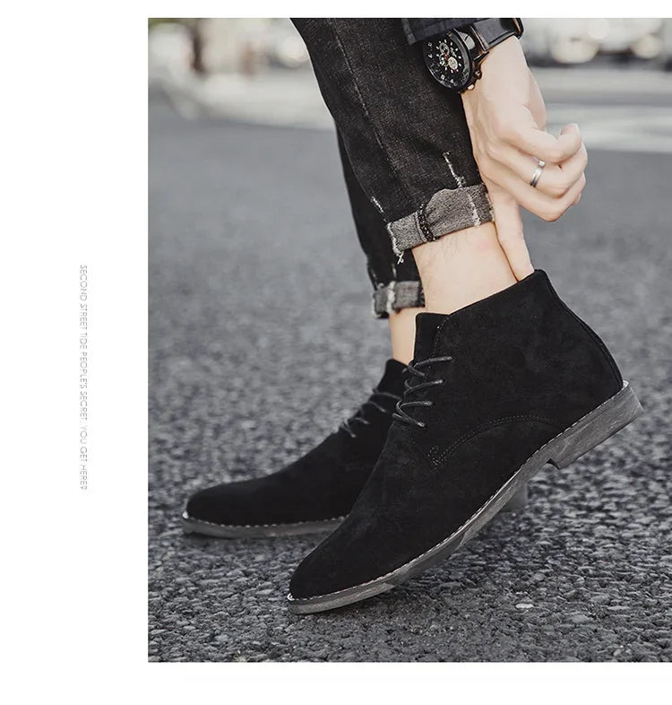 British Style Brown Men’s Suede Leather Boots Comfort Chelsea Boots Men Lace-Up Pointed Ankle Boots For Men botas para hombre