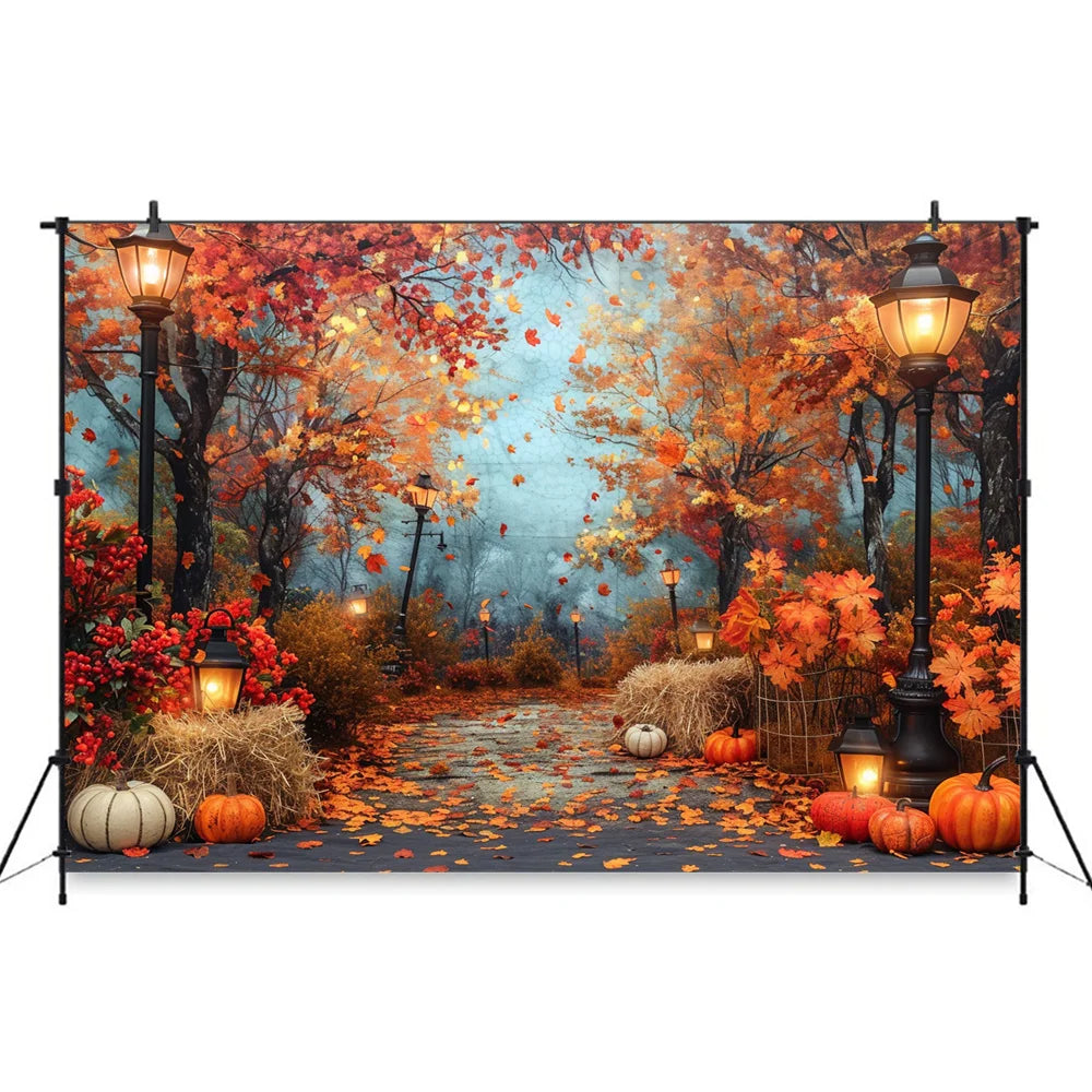 Autumn Photography Background Pumpkin Maple Leaves Street Light Backdrop Decor Family Kid Thanksgiving Day Birthday Photo Studio