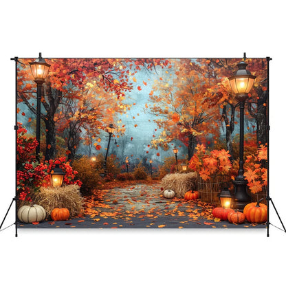 Autumn Photography Background Pumpkin Maple Leaves Street Light Backdrop Decor Family Kid Thanksgiving Day Birthday Photo Studio