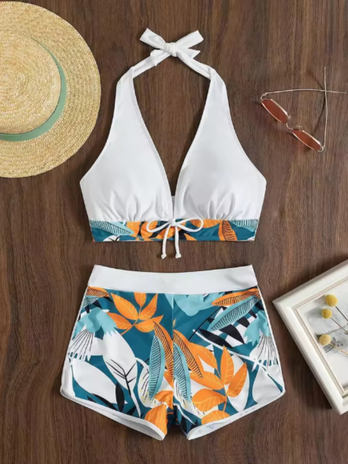 2Pcs/Set Bikinis Set Bowknot Decor Floral Print Bikini Backless Halter Bra High Waist Beachwear Female Beach Clothing