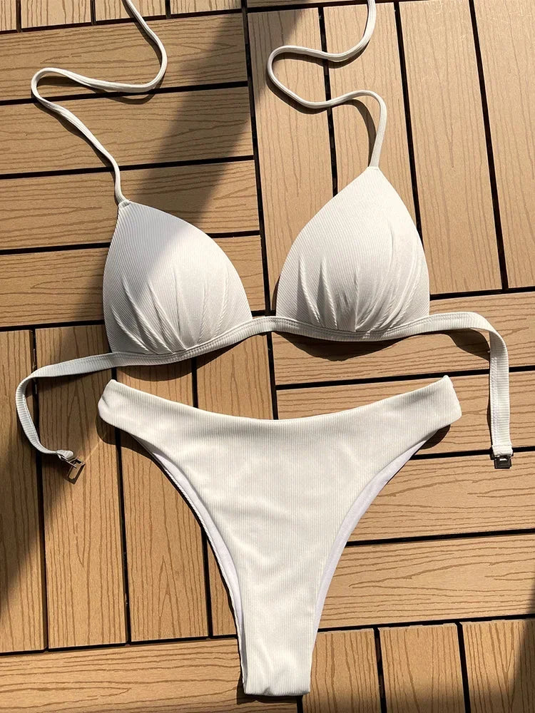2025 Halter Bra Cup Bikini Sexy Swimsuit Female White Swimwear Women Push up Bikini set Brazilian Bathing Suit Bandeau Swim suit