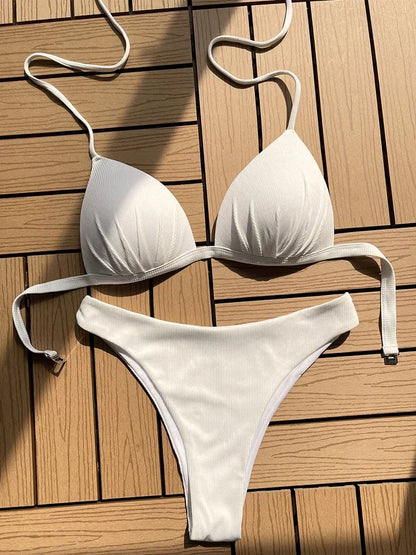 2025 Halter Bra Cup Bikini Sexy Swimsuit Female White Swimwear Women Push up Bikini set Brazilian Bathing Suit Bandeau Swim suit
