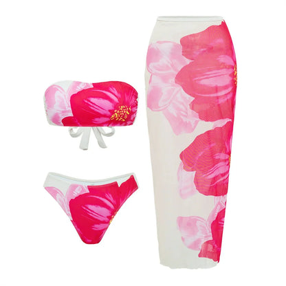 2025 New Flower Print Bikini Set Women's High Waist Long Skirt 3 Piece Swimsuit Sexy Mini Triangle Backless Thong Bathing Suit