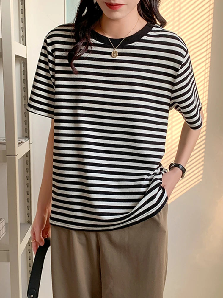 Women Stripes Vintage Tshirt Tops O Neck Short Sleeve Pullover T-shirt 2024 Summer New Korea Cotton Shirt Green Black Y2K