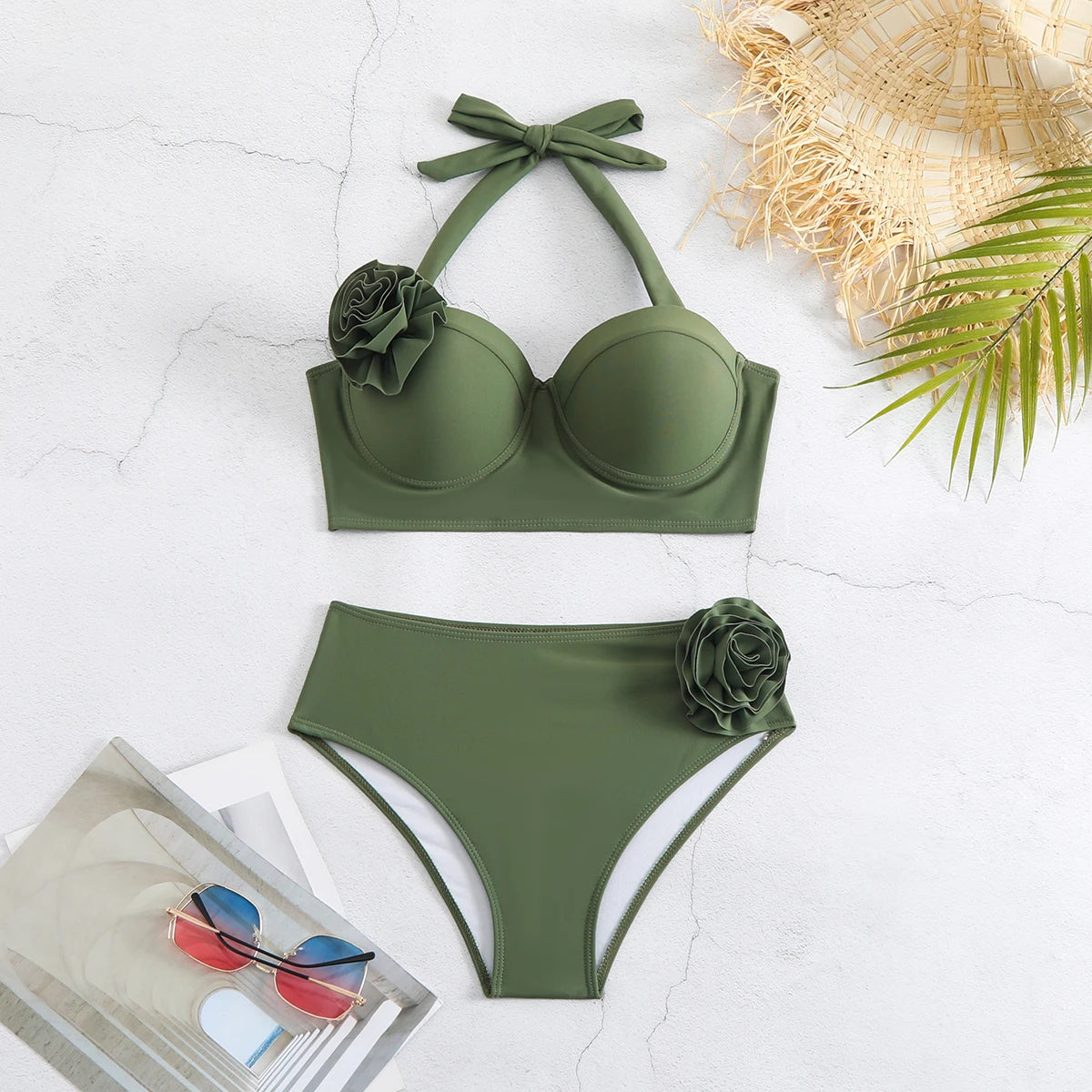 2025 Bikini Underwire 3D Flower Swimsuit High Waist Swimwear for Women Push Up Two Piece Bathing Suits Summer Female
