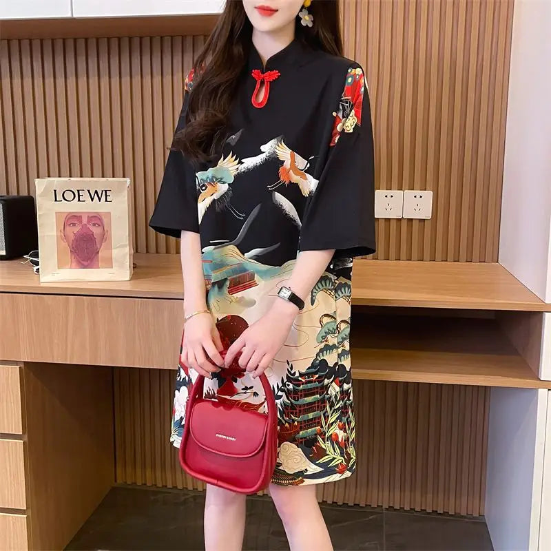 Summer Chinese Style Vintage Printing T-shirt Mini Dress Ladies Short Sleeve Loose Casual A-line Robe Women Stand Collar Vestido