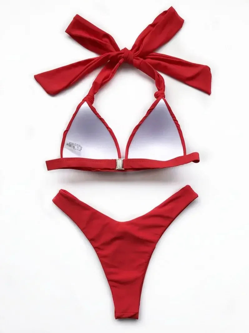 2025 Halter Bra Cup Bikini Sexy Swimsuit Female White Swimwear Women Push up Bikini set Brazilian Bathing Suit Bandeau Swim suit
