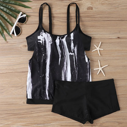 Women's Sexy Slim fit printed suspenders slit boxer shorts bikini plus size swimsuit two piece comfortable pretty swimwear swims