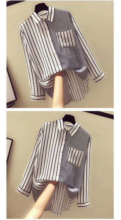 2025 Korean Summer Thin Trendy Striped Women's Shirt & Blouses Patchwork Pocket Loose Casual Office Lady Shirt Sweet Women's Top
