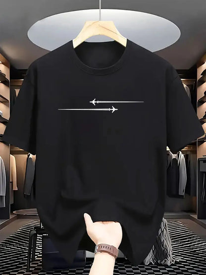 Summer Men's 100% Cotton Casual Loose Large Creative Airplane Pattern Printed Comfortable Sports Round Neck Short Sleeve T-shirt