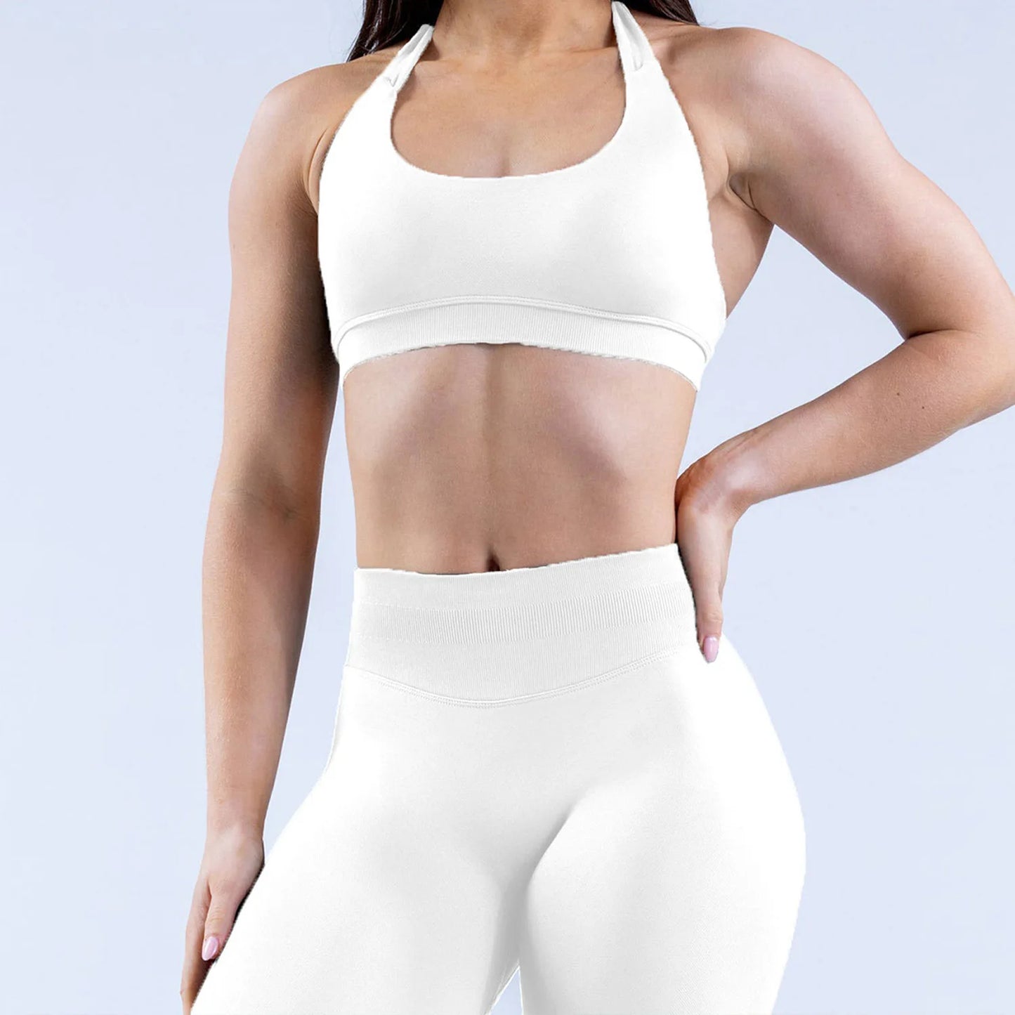 D LOGO Sports Bra Women Seamless Halter Neck Strap Bra with Logo Padded Open Back Yoga Top Bra Medium Support Gym Crop Top