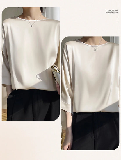 2025 New In Summer Satin Silk Half-Sleeve Tee Tops Basic Solid Women‘s T-Shirt Casual O-neck Thin Shirts Ladies Loose Blouses