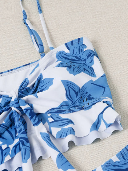 3 Pieces High Waist Swimsuit With Beach Skirt Floral Print Knot Front Bikinis 2025 Women Ruffle Swimwear Female Bathing Suit