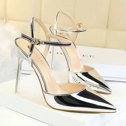 Women 10.5cm High Heels Sandals Lady Metallic Gold Silver Patent Leather Stripper Strap Sandles Wedding Fetish Nightclub Shoes