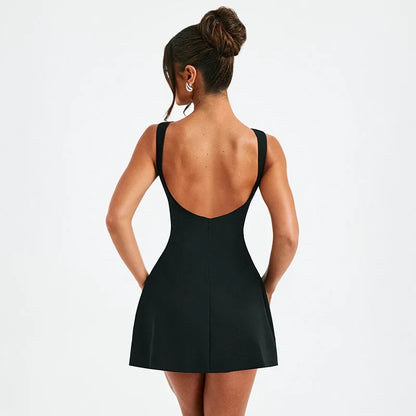 2024 Elegant Slim Solid Mini Dress For Women Summer O-neck Backless A-line Dress Black Sleeveless Office Lady Party Dress