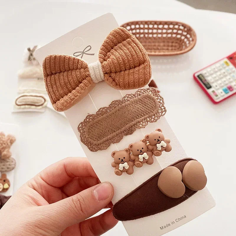 Autumn Winter 8Pcs Kids Hairclip Cartoon Bear Cute Bowknot Baby Princess Hair Accessories Newborn Cream Color Hairclips For Girl