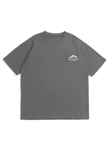 Summer men's 100% pure cotton casual loose plus size Letter And Mountain pattern printed round neck short sleeved T-shirt top