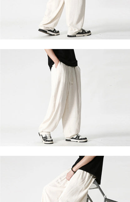 Summer Wide Leg Pants Men's Cotton Linen Harun Loose Pants Men Casual Elastic Waist Circumference Lantern Trousers Plus Size 5XL
