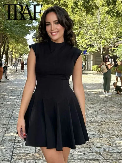 2025 Women Fashion Ruched Short Dress Sleeveless Stand Collar Fold Back Zip Mini Dress Chic Female Evening Party Dresses