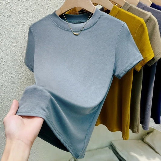 Women's Elastic Crew Neck T-Shirt Solid Ribbed Tops Pink Short Sleeve Tight Bottom Basic Shirt Casual Sexy Slim Summer Tops Tee