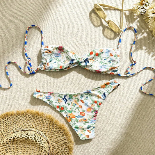 Vintage Floral Bikini Swimwear Y2K Sling Swimsuit String Backless Beach Outfits Bathing Suits Women Biquinis Femininos Sexys Set