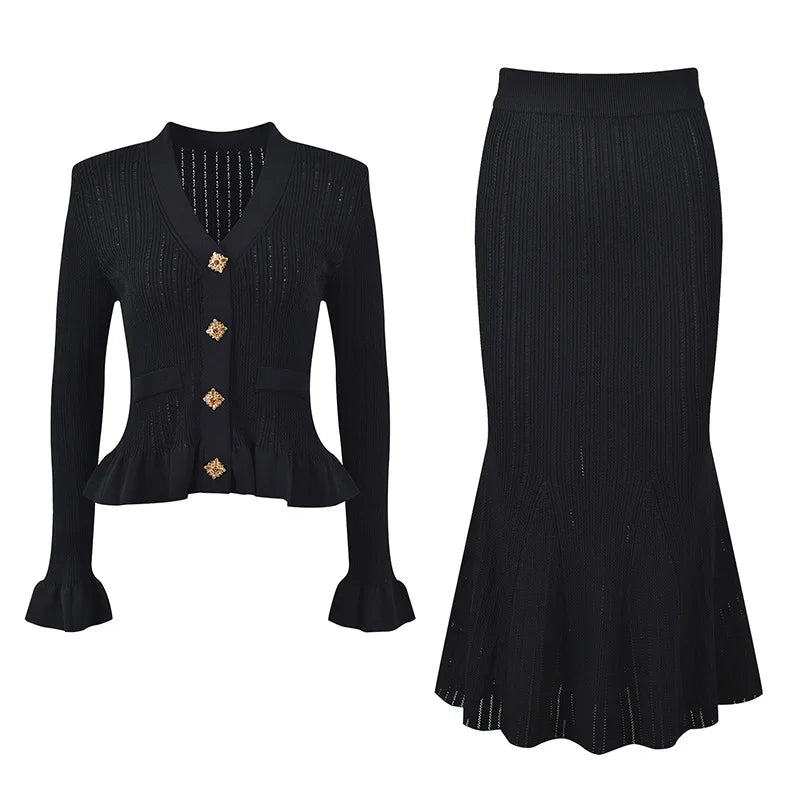ZJYT Elegant Women's Flare Sleeve Sweater Long Mermaid Skirt 2 Piece Matching Set Knitted Suit Autumn Winter Party Outfit White