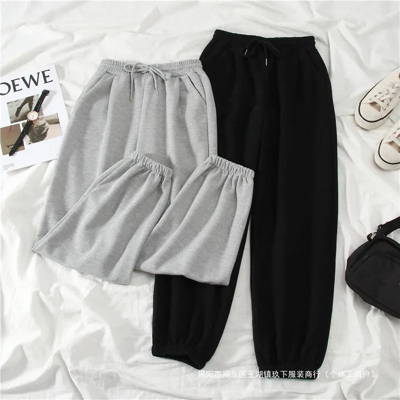 Women's Autumn Winter Casual Sports Loose Slimming Versatile Fleece-lined Outerwear Straight-leg Cuffed Pants Carrot Sweatpants