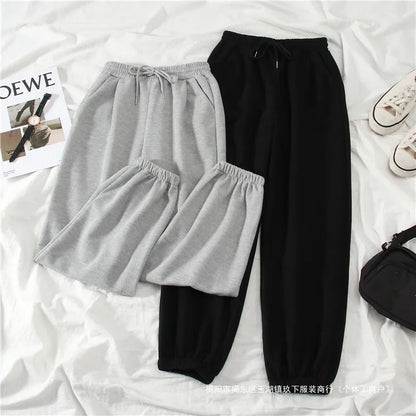 Women's Autumn Winter Casual Sports Loose Slimming Versatile Fleece-lined Outerwear Straight-leg Cuffed Pants Carrot Sweatpants