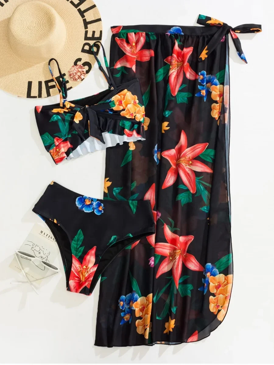 3 Pieces High Waist Swimsuit With Beach Skirt Floral Print Knot Front Bikinis 2025 Women Ruffle Swimwear Female Bathing Suit