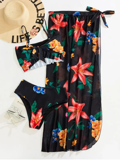 3 Pieces High Waist Swimsuit With Beach Skirt Floral Print Knot Front Bikinis 2025 Women Ruffle Swimwear Female Bathing Suit
