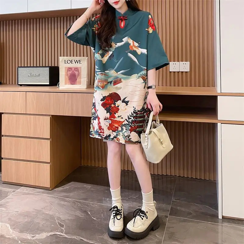 Summer Chinese Style Vintage Printing T-shirt Mini Dress Ladies Short Sleeve Loose Casual A-line Robe Women Stand Collar Vestido