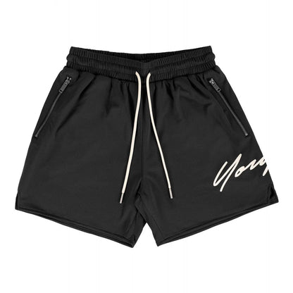 Woven Sports Quick Drying Black Shorts Men's Fitness Tide Brand Bodybuilding Slim Zipper Pocket Running Hip-hop Training Pants