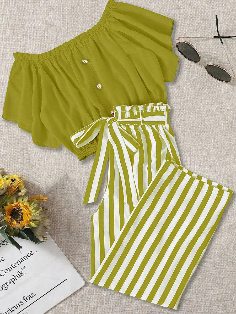 2024 New Summer Plus Size Women's Two-Piece Set Striped Printed Two-Piece Short Sleeve Set