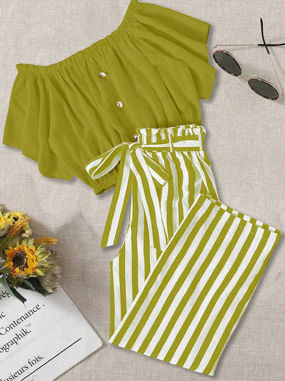 2024 New Summer Plus Size Women's Two-Piece Set Striped Printed Two-Piece Short Sleeve Set