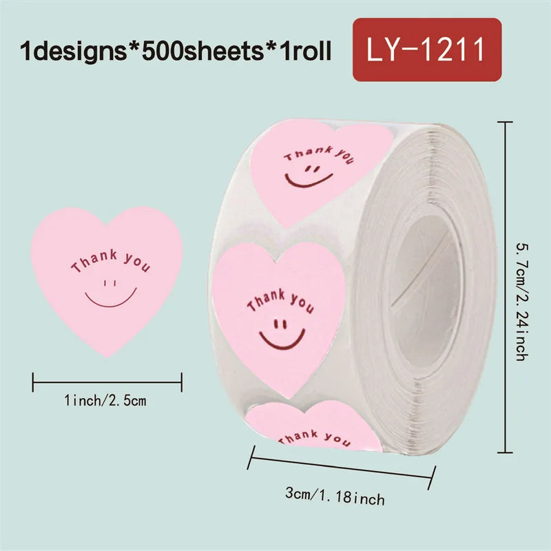 500pcs/roll New Red Heart Thank You Stickers Cute Heart-shaped Decorative Seal Labels for Wedding, Party Gifts, Business Package