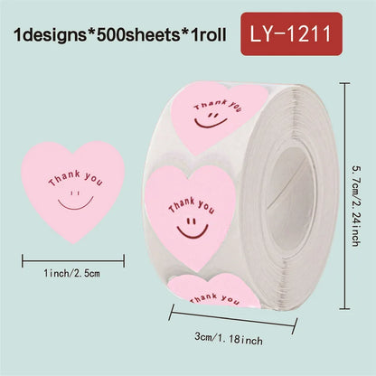 500pcs/roll New Red Heart Thank You Stickers Cute Heart-shaped Decorative Seal Labels for Wedding, Party Gifts, Business Package