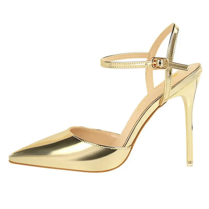 Women 10.5cm High Heels Sandals Lady Metallic Gold Silver Patent Leather Stripper Strap Sandles Wedding Fetish Nightclub Shoes