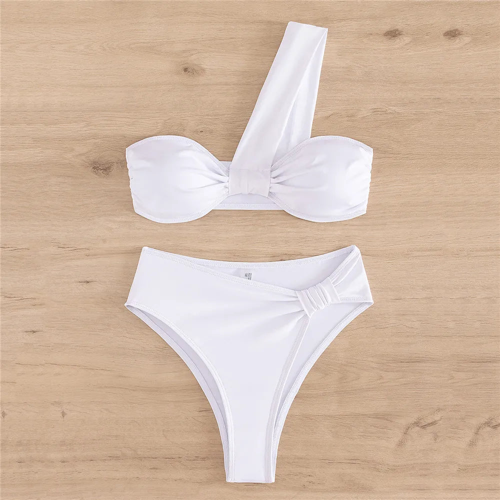 Brown One Shoulder Bikini High Waist Sexy Swimsuit Women 2025 Solid Swimwears Bathing Suit Bandeau Bikinis Sets De Mujer Biquini