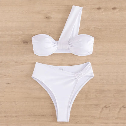 Brown One Shoulder Bikini High Waist Sexy Swimsuit Women 2025 Solid Swimwears Bathing Suit Bandeau Bikinis Sets De Mujer Biquini