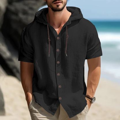 Summer cotton linen men's short sleeved shirt in US size solid color hooded casual T-shirt plus size men's clothing