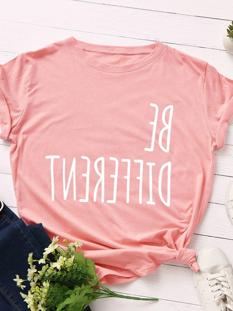 Be Different Upside Down Letter Print T Shirt Women Short Sleeve O Neck Loose Tshirt Women Causal Tee Shirt Tops Camisetas Mujer