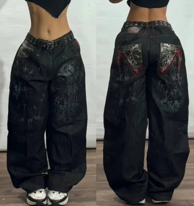 Street Fashion Trend New Pattern Embroidered Baggy Jeans Women Y2K Gothic Vintage Hip Hop Rock Popular High Waist Wide Leg Pants