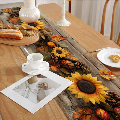 1 Piece of Autumn Pastoral Style Table Runner, Imitation Wood Base with Sunflower, Pine Cone and Autumn Leaf Pattern, Suitable for Harvest Festival Parties, Pastoral B&Bs, Autumn Weddings, Handicraft Markets, Cafe Decorations