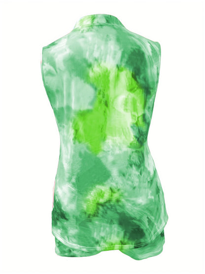 2024 Plus Size Tie Dye Print Two-piece Set V Neck Sleeveless Top & Shorts Outfits Women's Plus Size Clothing