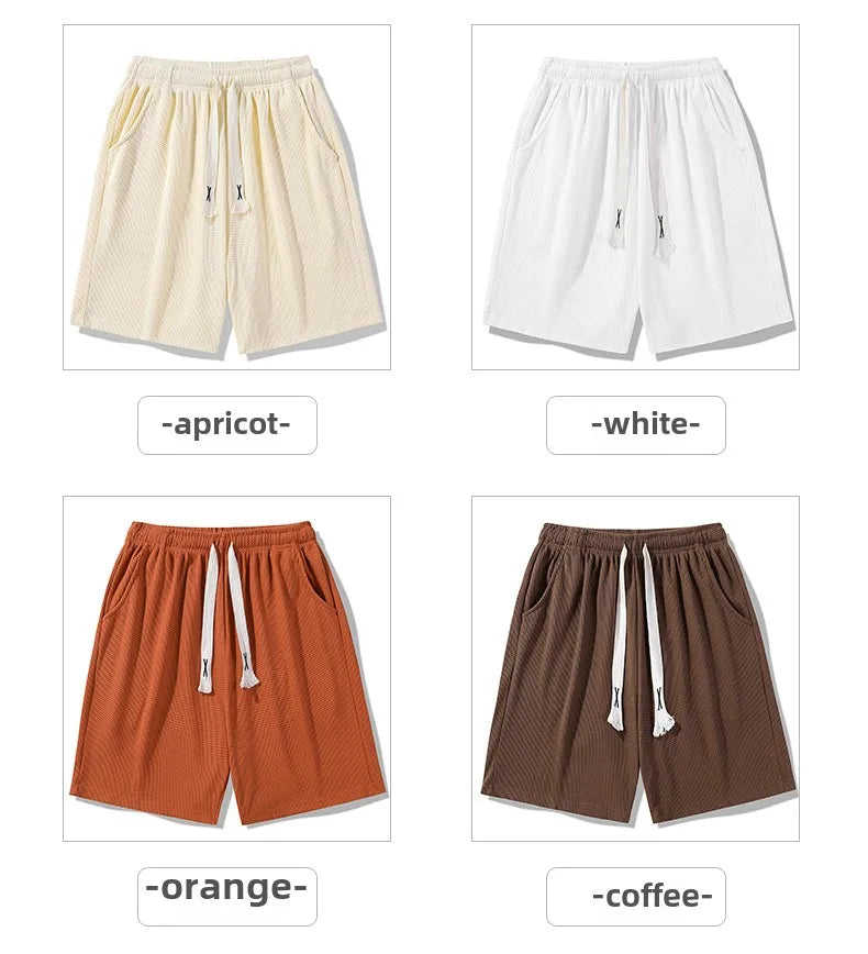 Sports shorts for men in summer  thin ice silk quick drying five quarter pants  fashionable waffle style drawstring shorts