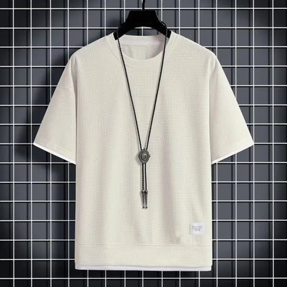 1pcs Men Summer T-Shirt Man Short Sleeved Waffle Solid T-Shirt Male Solid Color Casual Tee Round Men's Round Neck Fashion Top