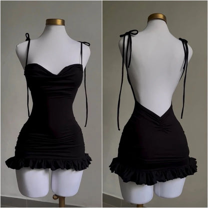 2024 European and American new dress with summer high-end feel Y2K sexy backless lace up spicy girl's hip hugging skirt