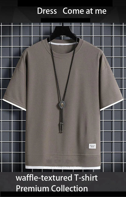 1pcs Men Summer T-Shirt Man Short Sleeved Waffle Solid T-Shirt Male Solid Color Casual Tee Round Men's Round Neck Fashion Top