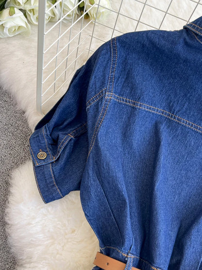 XFPV Women's Sweet Short Denim Dress For Women  Belt Slim Short Sleeved Vestidos Korean Fashion Spring Summer 2025 SM11153